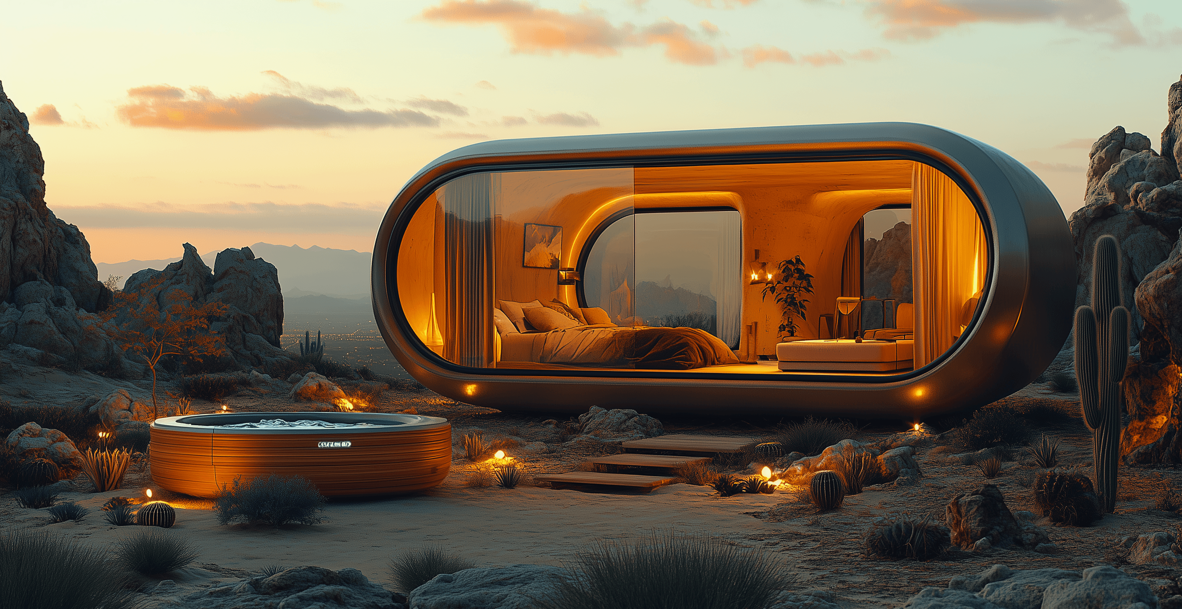Futuristic desert home at night